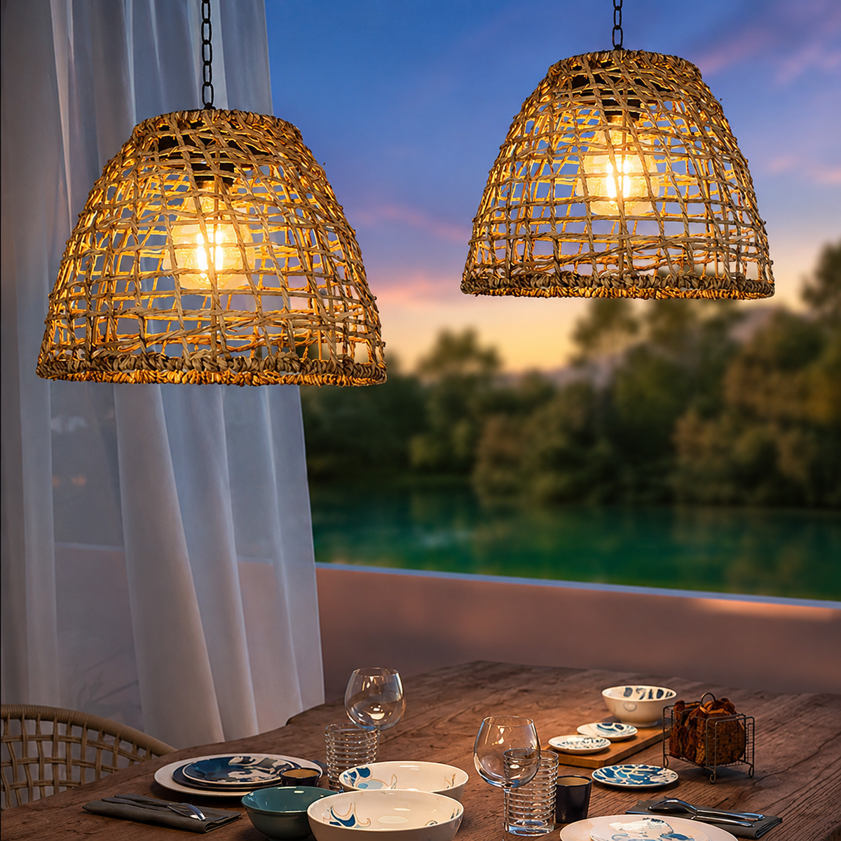 Solar Bamboo Lantern Pendant Light - Hanging Rattan or Iron Solar Lantern with Warm LED Glow for Courtyard, Patio and Evening Gatherings