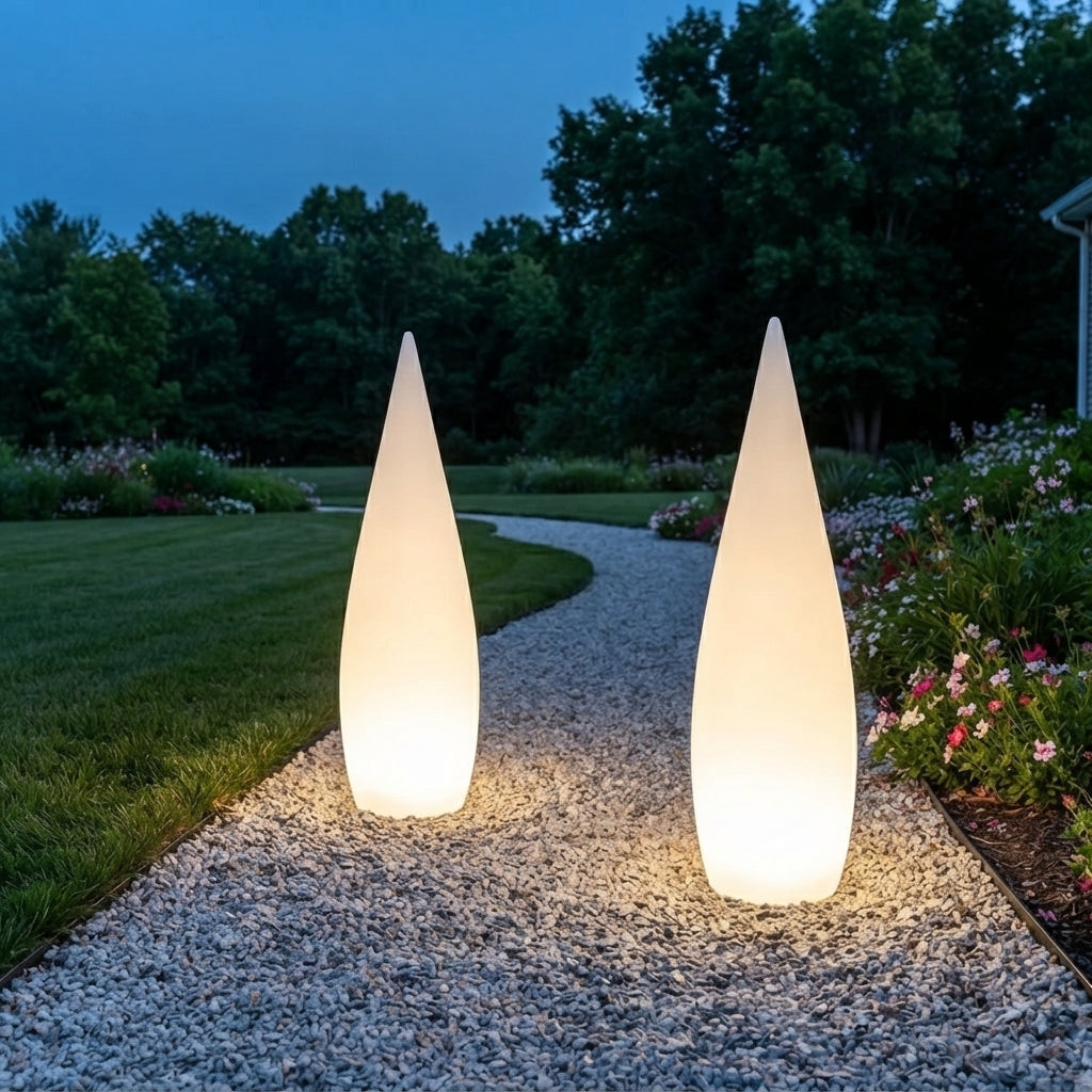 Modern Cone Landscape Light - White PE Coastal Ground Lamp Powered by Solar, Battery or Hardwired Supply for Courtyard Beds and Pathways