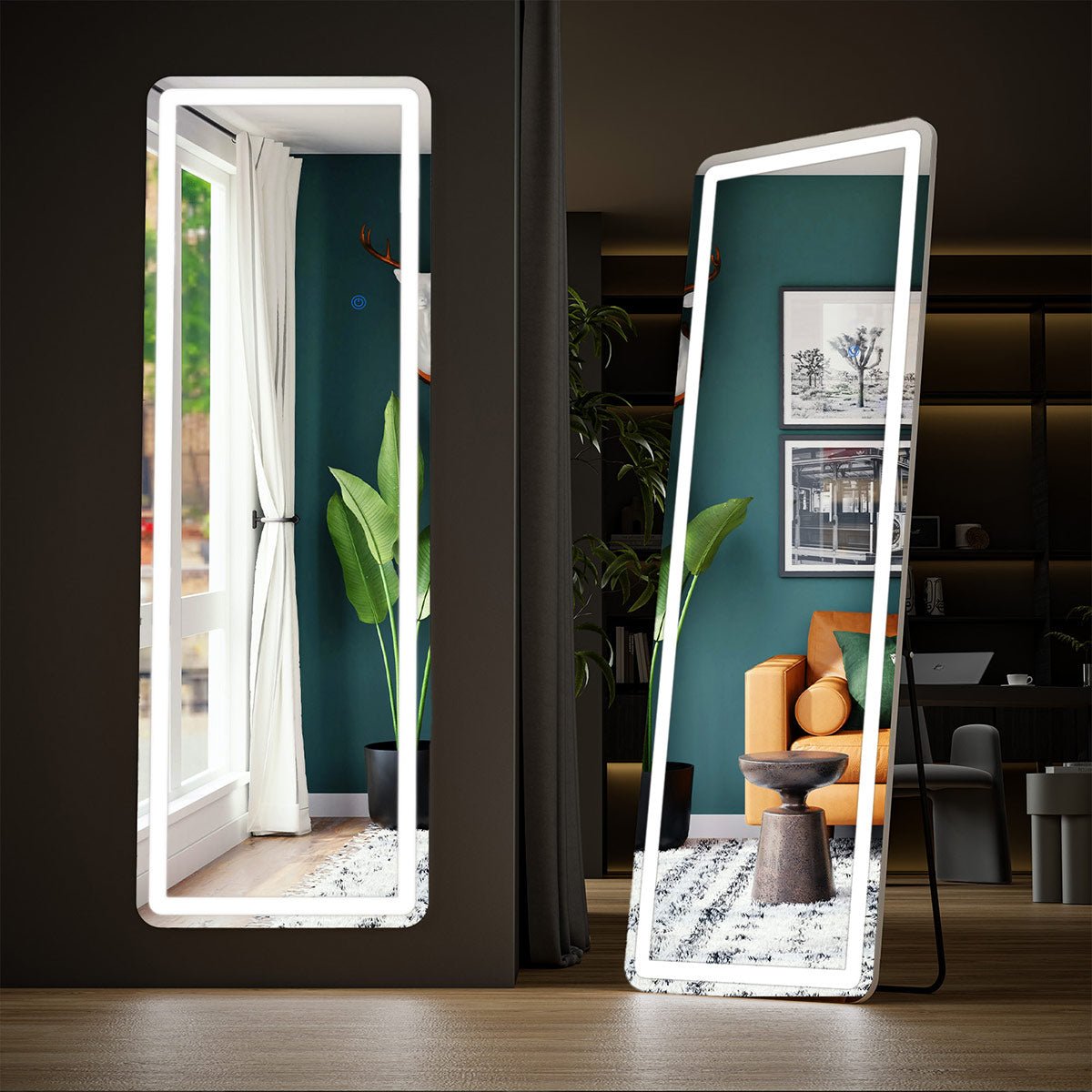 Dimmable LED Lights Full Body Floor Mirror with Stand, Wall Mounted Hanging