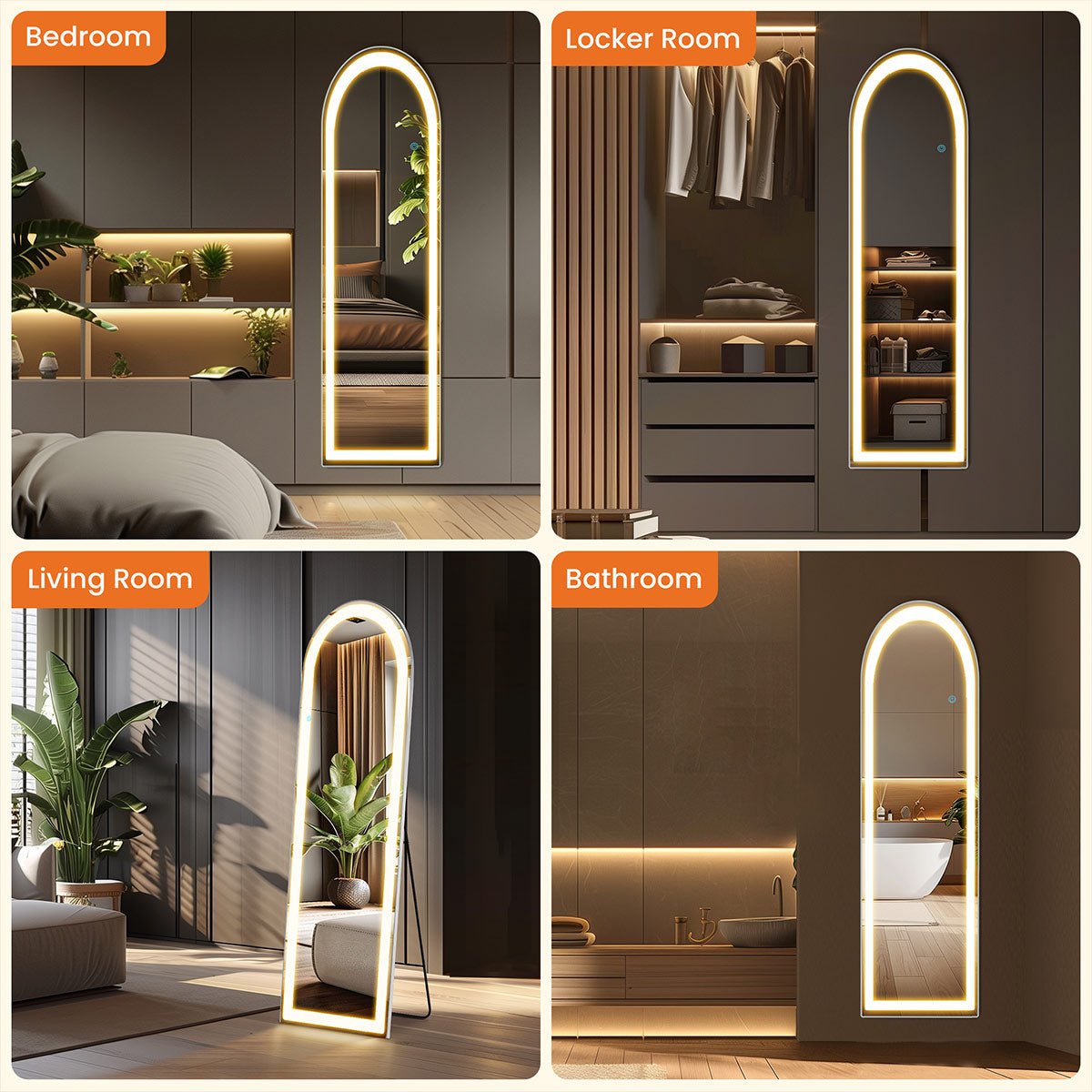 Dimmable LED Lights Full Body Floor Mirror with Stand, Wall Mounted Hanging