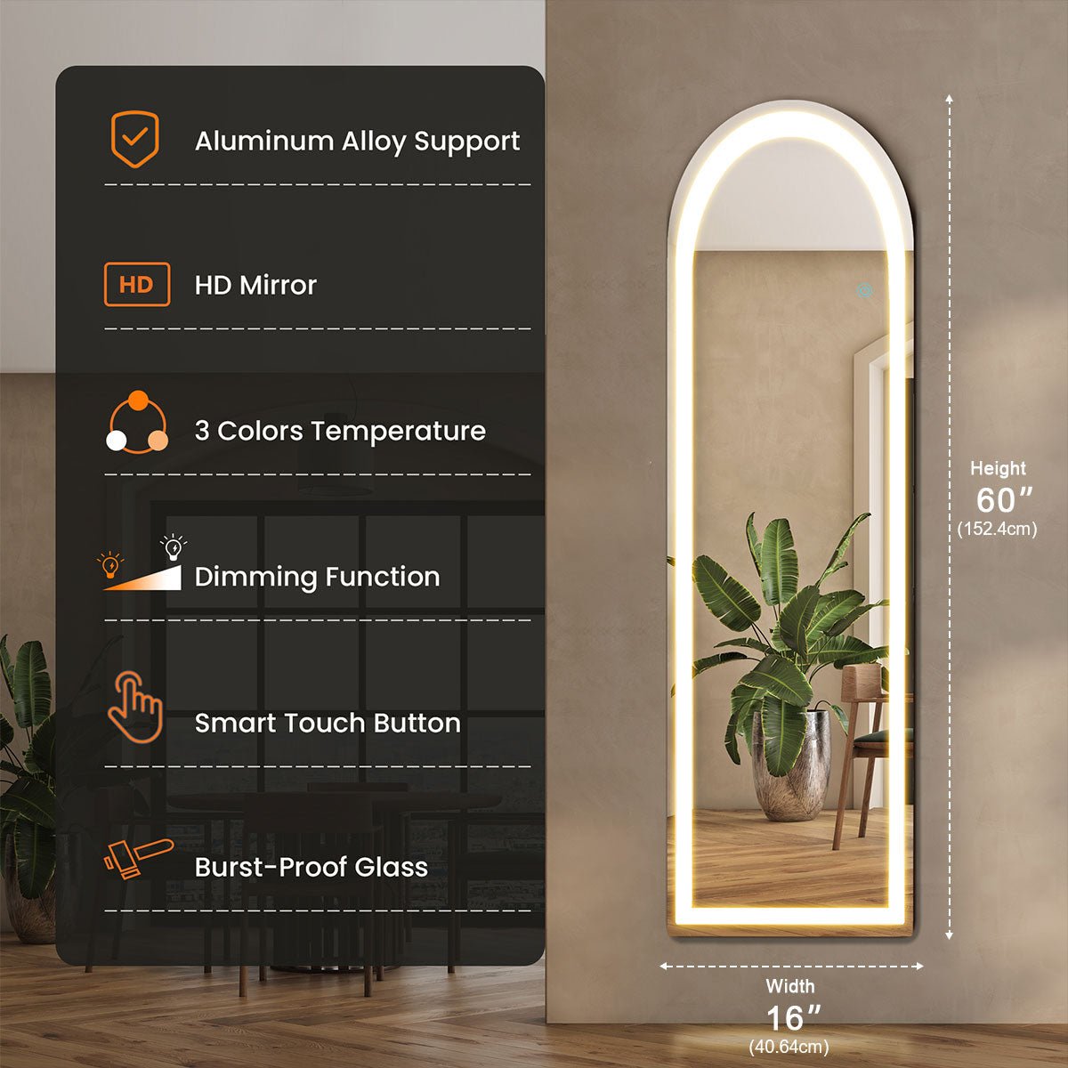 Dimmable LED Lights Full Body Floor Mirror with Stand, Wall Mounted Hanging