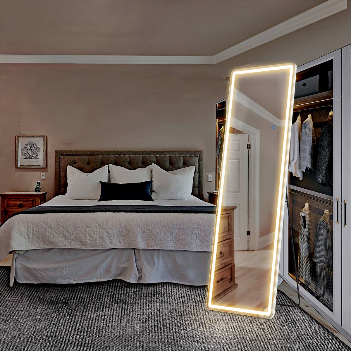 Dimmable LED Lights Full Body Floor Mirror with Stand, Wall Mounted Hanging