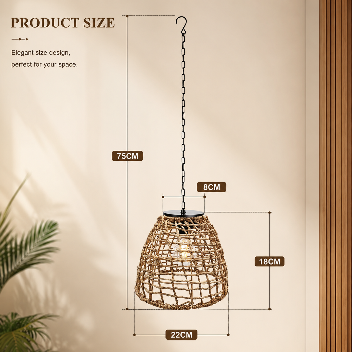 Solar Bamboo Lantern Pendant Light - Hanging Rattan or Iron Solar Lantern with Warm LED Glow for Courtyard, Patio and Evening Gatherings