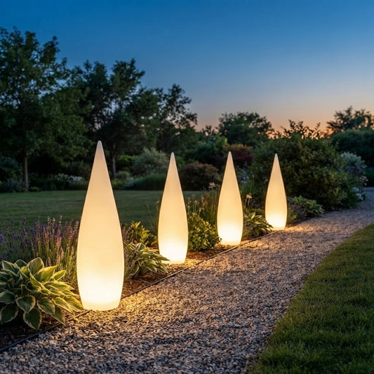 Modern Cone Landscape Light - White PE Coastal Ground Lamp Powered by Solar, Battery or Hardwired Supply for Courtyard Beds and Pathways