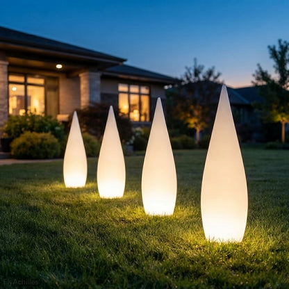 Modern Cone Landscape Light - White PE Coastal Ground Lamp Powered by Solar, Battery or Hardwired Supply for Courtyard Beds and Pathways