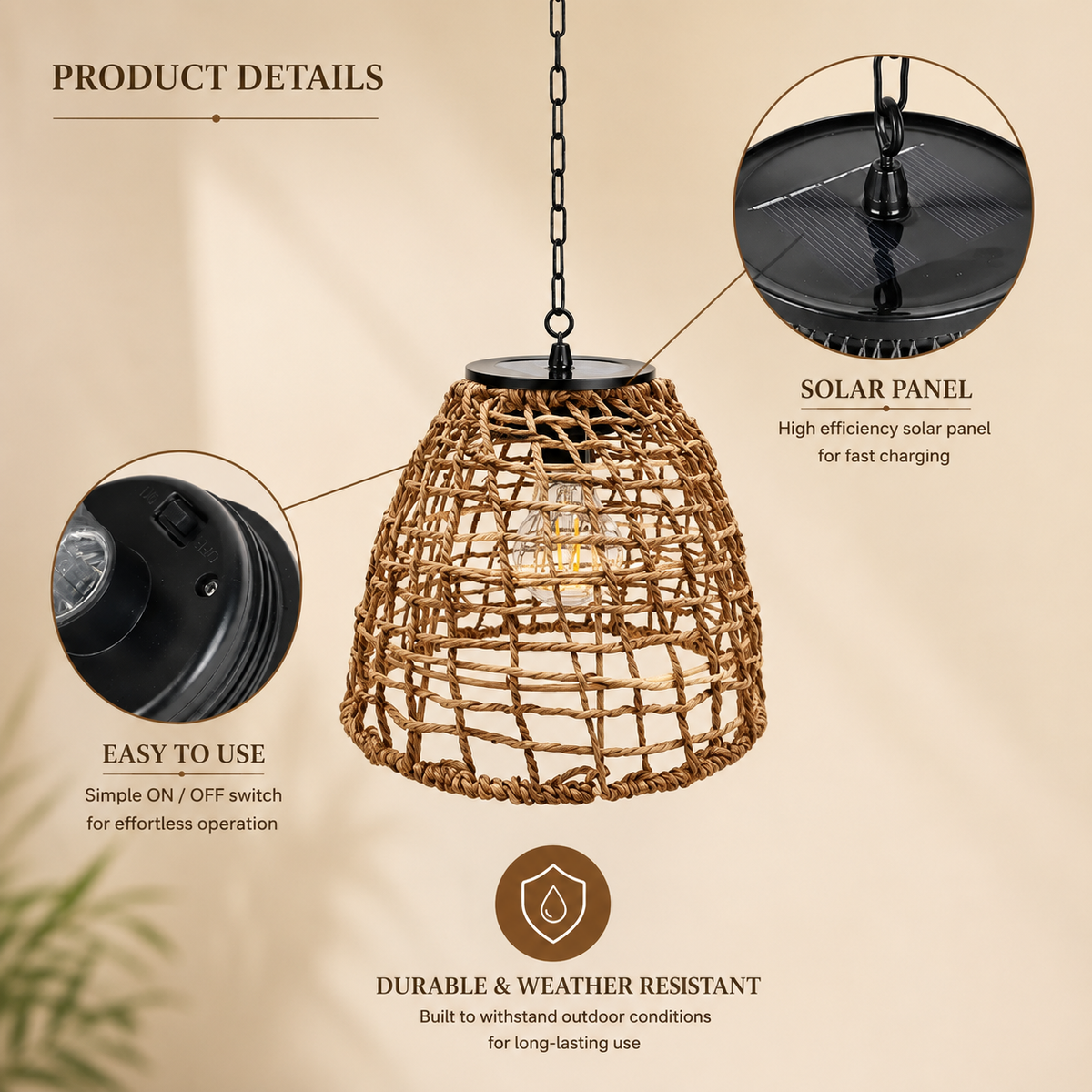 Solar Bamboo Lantern Pendant Light - Hanging Rattan or Iron Solar Lantern with Warm LED Glow for Courtyard, Patio and Evening Gatherings