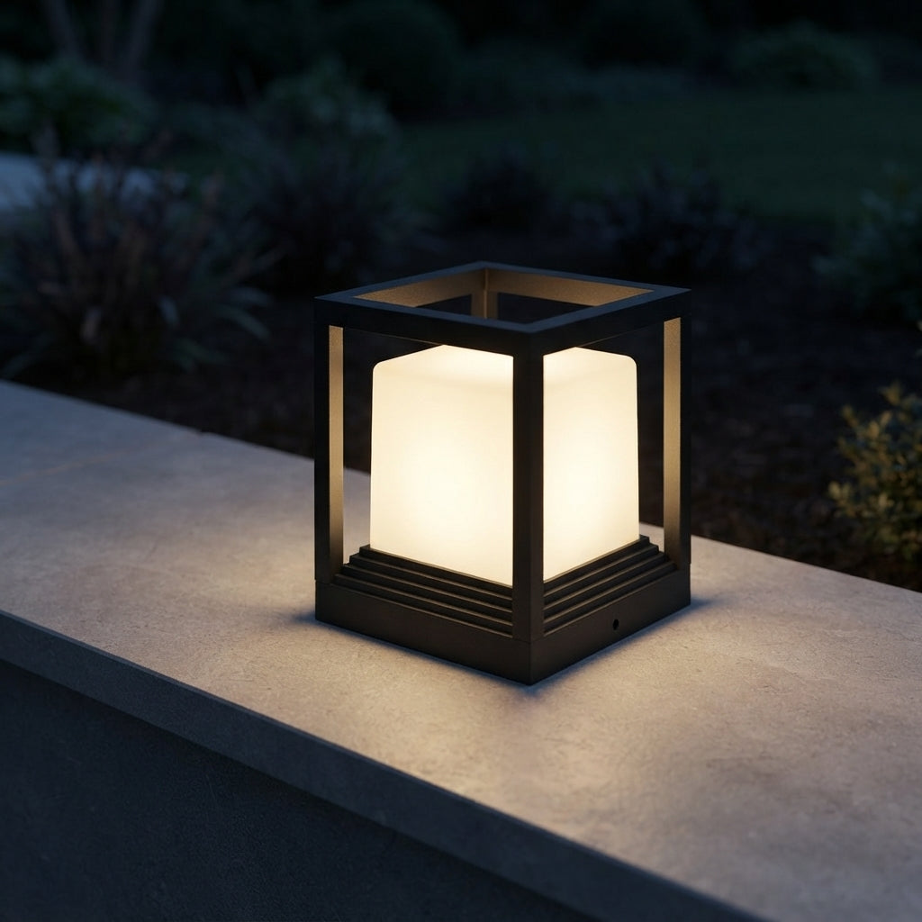 Fence Minimalist Cube Post Light - Black Aluminum and Acrylic Box in Small or Medium, Solar or Hardwired, for Deck, Garden and Patio Posts
