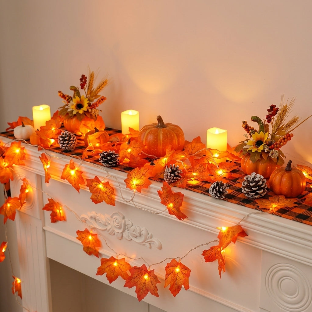 Maple Leaf String Lights - Translucent Amber Leaf Covers in 10, 20 or 40 LED Runs with USB or Battery Power for Mantels and Harvest Tables