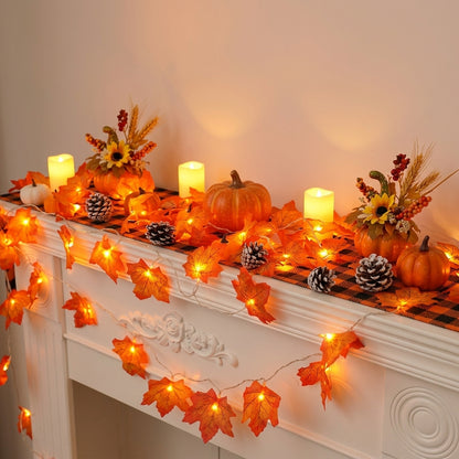 Maple Leaf String Lights - Translucent Amber Leaf Covers in 10, 20 or 40 LED Runs with USB or Battery Power for Mantels and Harvest Tables