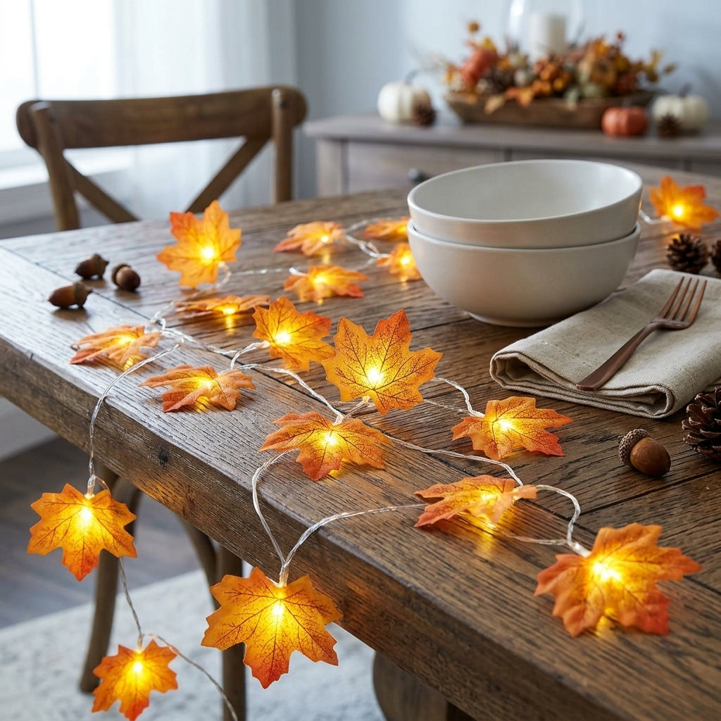 Maple Leaf String Lights - Translucent Amber Leaf Covers in 10, 20 or 40 LED Runs with USB or Battery Power for Mantels and Harvest Tables