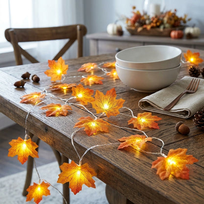 Maple Leaf String Lights - Translucent Amber Leaf Covers in 10, 20 or 40 LED Runs with USB or Battery Power for Mantels and Harvest Tables