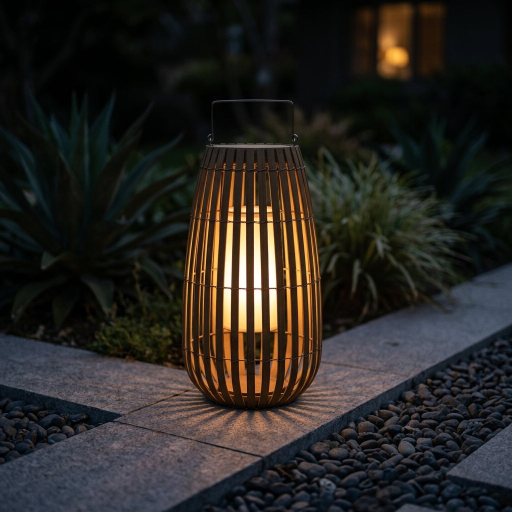 Rattan Lantern - Woven Plastic Rattan and Iron Farmhouse Lamp in 16 or 24 Inch Heights, Solar or Hardwired, for Courtyard and Patio