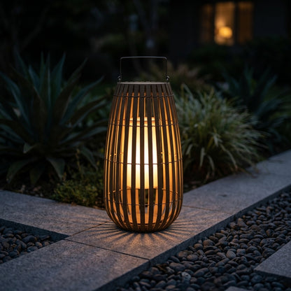 Rattan Lantern - Woven Plastic Rattan and Iron Farmhouse Lamp in 16 or 24 Inch Heights, Solar or Hardwired, for Courtyard and Patio