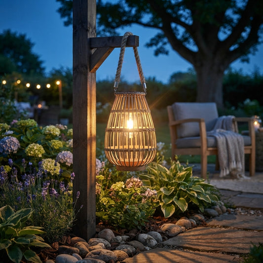 Rattan Solar Lantern - Handwoven Bamboo, Wood and Jute Rope Vintage Light with IP43 Weatherproofing for Patio, Garden Trees and Decking
