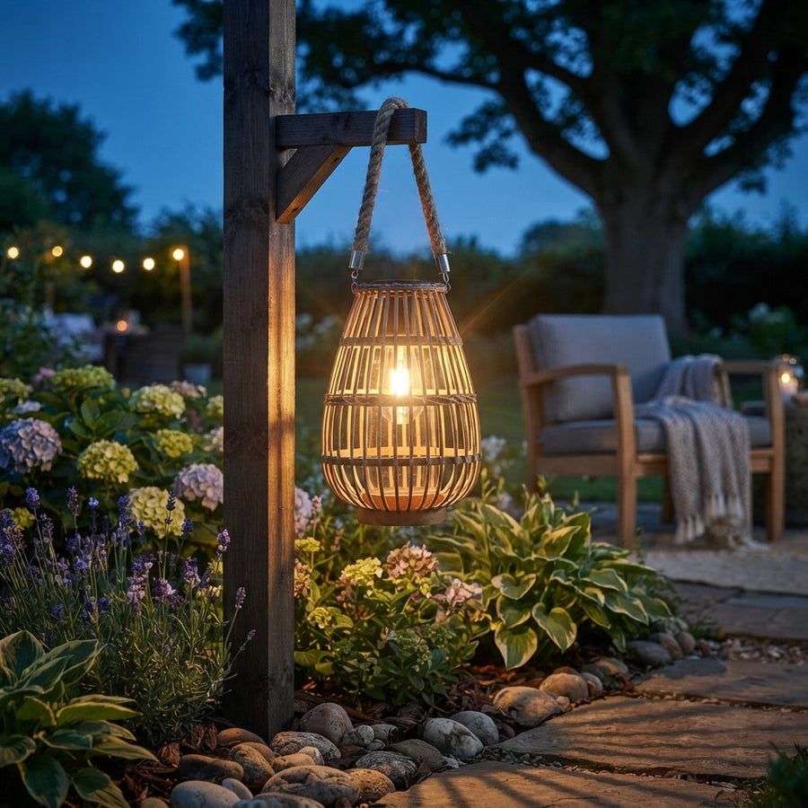 Rattan Solar Lantern - Handwoven Bamboo, Wood and Jute Rope Vintage Light with IP43 Weatherproofing for Patio, Garden Trees and Decking