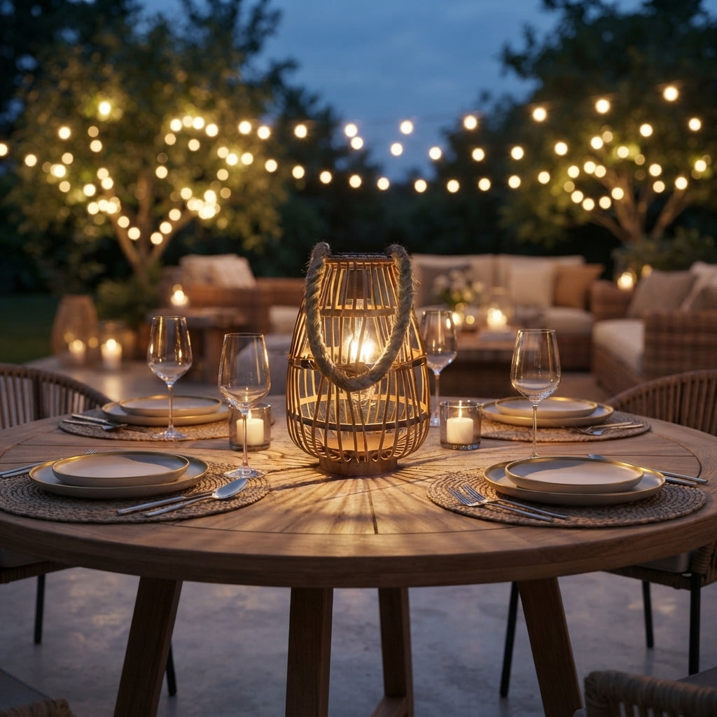 Rattan Solar Lantern - Handwoven Bamboo, Wood and Jute Rope Vintage Light with IP43 Weatherproofing for Patio, Garden Trees and Decking