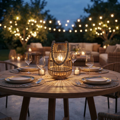 Rattan Solar Lantern - Handwoven Bamboo, Wood and Jute Rope Vintage Light with IP43 Weatherproofing for Patio, Garden Trees and Decking