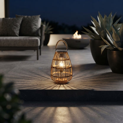 Rattan Solar Lantern - Handwoven Bamboo, Wood and Jute Rope Vintage Light with IP43 Weatherproofing for Patio, Garden Trees and Decking