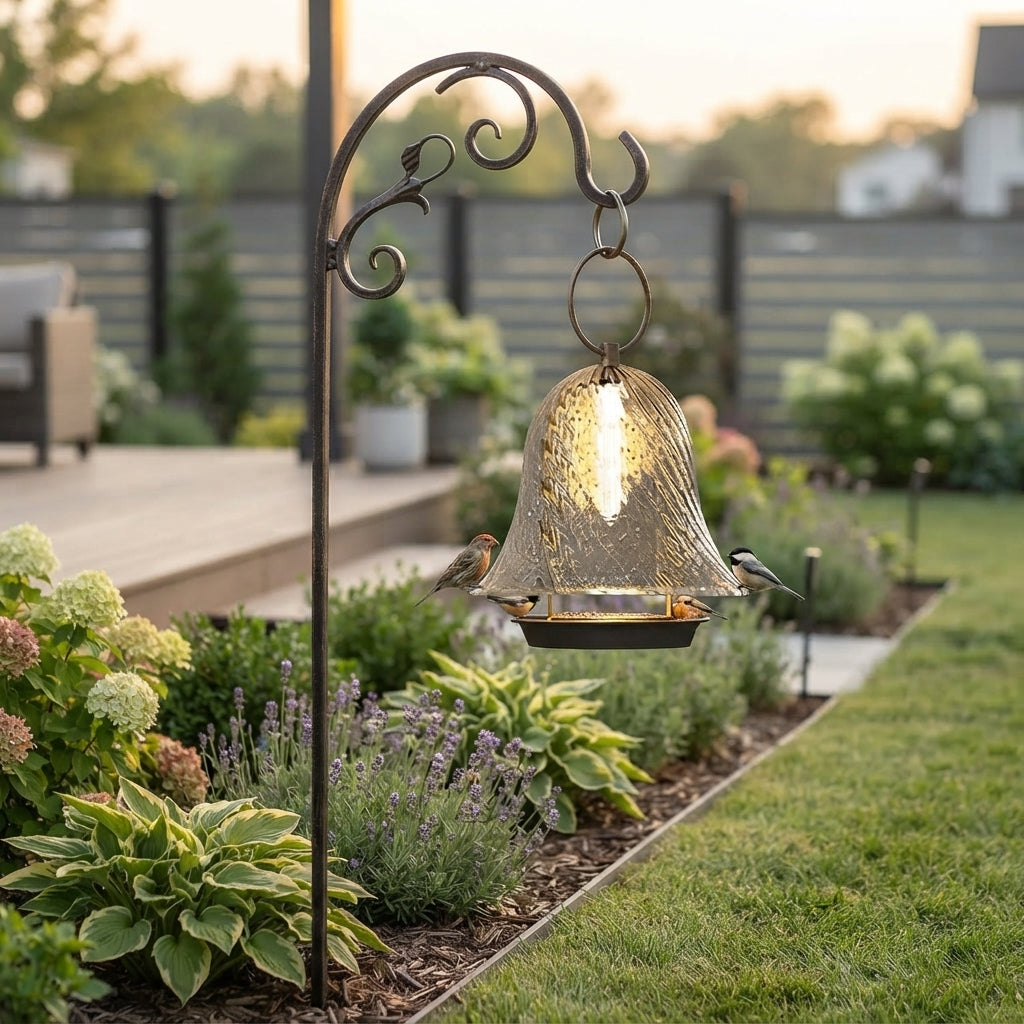 Solar Bell Porch Landscape Light - Clear Glass and Stainless Steel Bell Lamp in 5.91 and 9.57 Inch Widths, Solar or Rechargeable