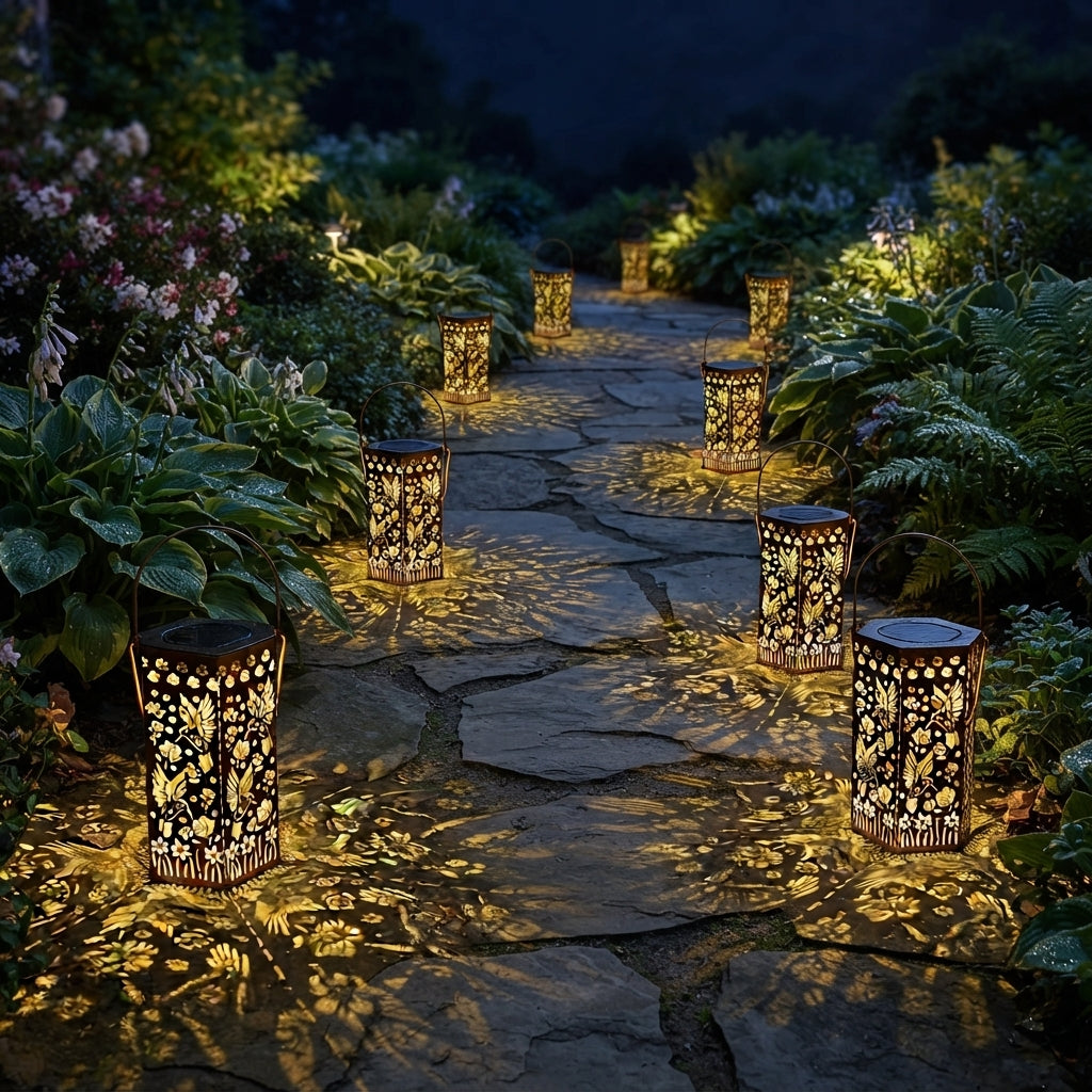Red Outdoor Lantern - Copper Red Wrought Iron Hexagonal Solar Light with Butterfly, Hummingbird or Turtle Cut-Outs for Garden and Patio