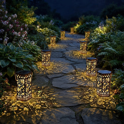 Red Outdoor Lantern - Copper Red Wrought Iron Hexagonal Solar Light with Butterfly, Hummingbird or Turtle Cut-Outs for Garden and Patio
