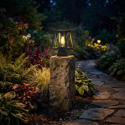 Modern Post Light - Glass and Stainless Steel Pillar Lamp in Black with a Choice of Solar or Hardwired Power for Courtyard and Patio Paths