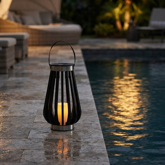 European Style Garden Solar Lantern - Black PP and PE Hollowed Shade Light with Warm White LED and 6 Hour Charging for Courtyard and Table