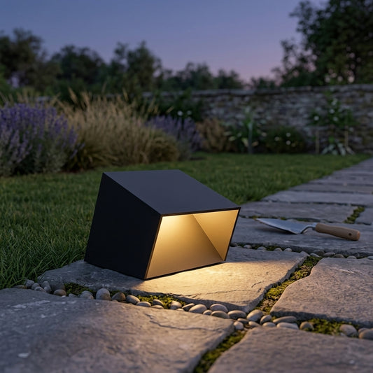 Modern Cube Post Light - Black Stainless Steel and Glass Lantern in 8 x 8 x 6 or 12 x 12 x 9 Inch Sizes, Solar or Hardwired, for Courtyards