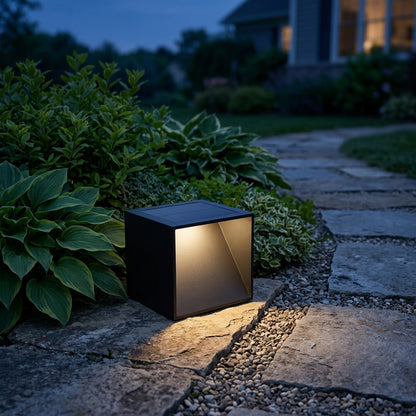 Modern Cube Post Light - Black Stainless Steel and Glass Lantern in 8 x 8 x 6 or 12 x 12 x 9 Inch Sizes, Solar or Hardwired, for Courtyards