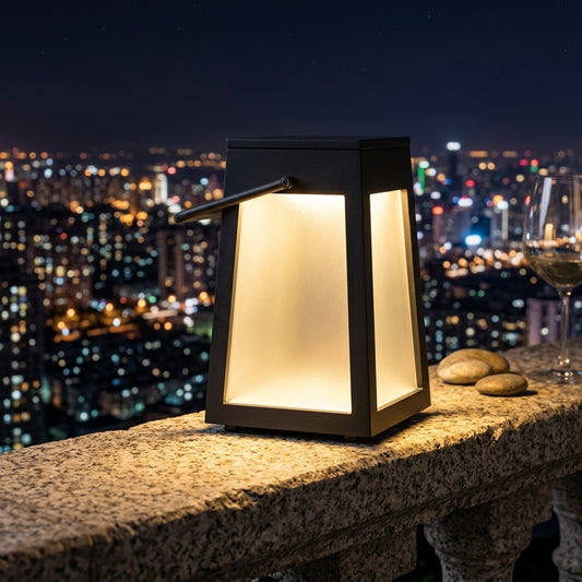 Camping Lantern - Matte Black Stainless Steel and PC Light with 3000K Warm White LED, IP65 Rating and USB or Solar Power in Two Sizes