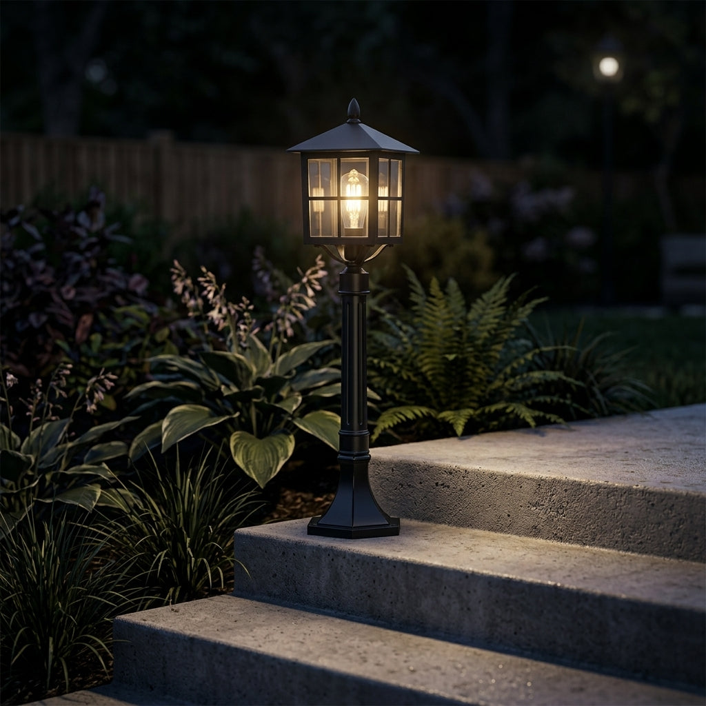 Post Retro Lantern Landscape Light - Black Die-cast Aluminum Bollard with Solar or Hardwired Power for Courtyard Paths and Framed Entries