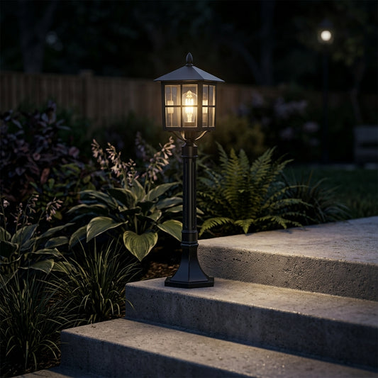 Post Retro Lantern Landscape Light - Black Die-cast Aluminum Bollard with Solar or Hardwired Power for Courtyard Paths and Framed Entries