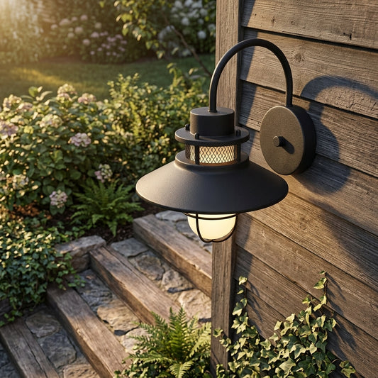 Sconce Vintage Industrial Wall Light - Black Iron and Glass Solar or Hardwired Lantern in Warm or Cool White for Porch, Patio and Hallway