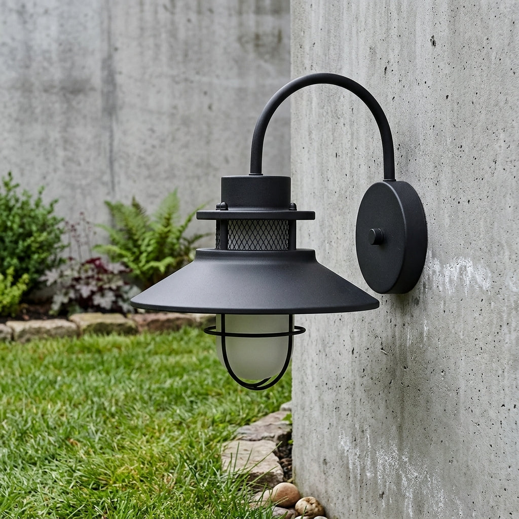 Sconce Vintage Industrial Wall Light - Black Iron and Glass Solar or Hardwired Lantern in Warm or Cool White for Porch, Patio and Hallway