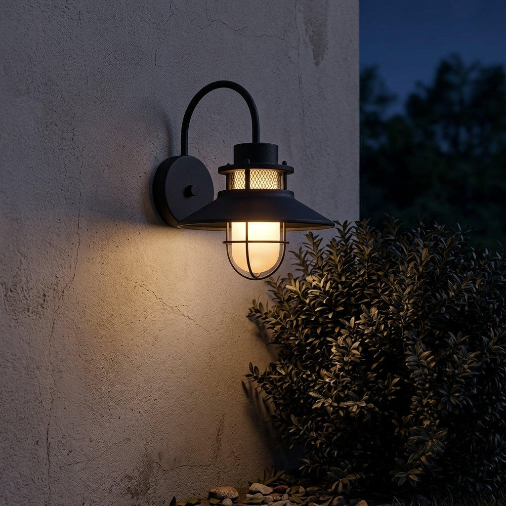 Sconce Vintage Industrial Wall Light - Black Iron and Glass Solar or Hardwired Lantern in Warm or Cool White for Porch, Patio and Hallway