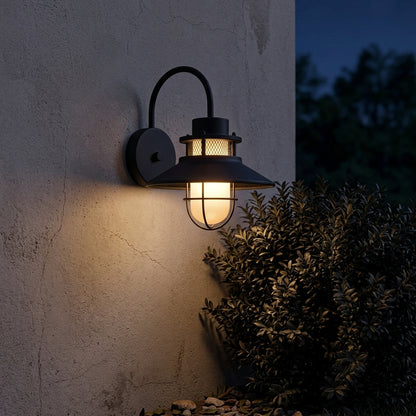 Sconce Vintage Industrial Wall Light - Black Iron and Glass Solar or Hardwired Lantern in Warm or Cool White for Porch, Patio and Hallway