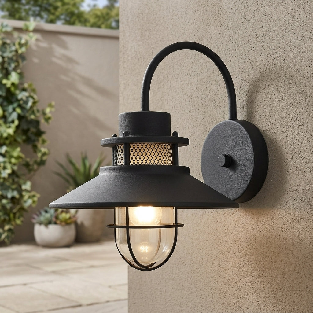 Sconce Vintage Industrial Wall Light - Black Iron and Glass Solar or Hardwired Lantern in Warm or Cool White for Porch, Patio and Hallway
