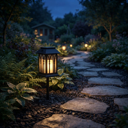 Candlestick Lantern - Black Solar Lantern in Horizontal Line or Grid Cut-Outs with Dusk Sensor, 3000K Warm White and IP54 Protection