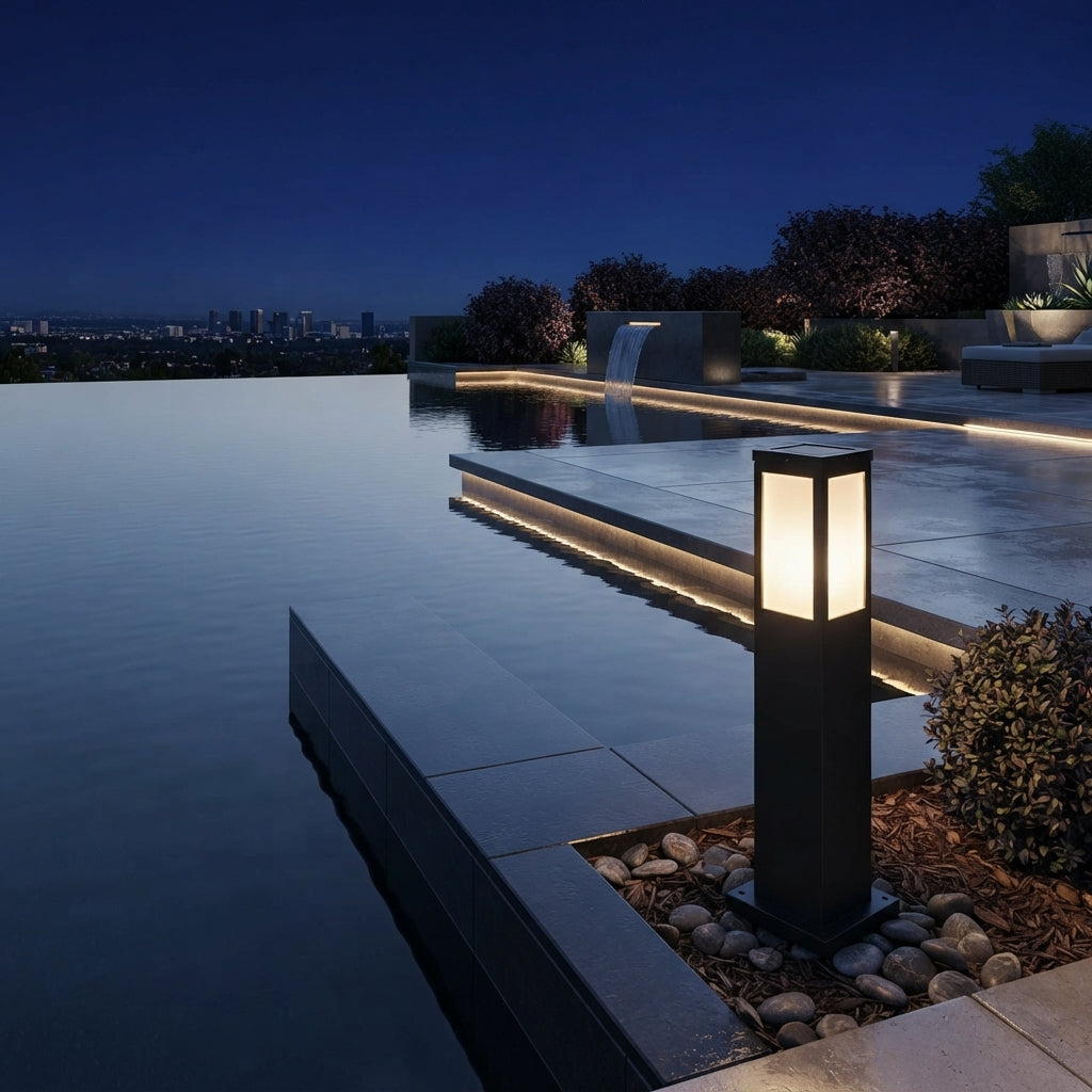 Post Square Modern Landscape Light - Black Iron and Acrylic Bollard Column in 17.7 and 23.6 Inch Heights for Industrial Courtyards