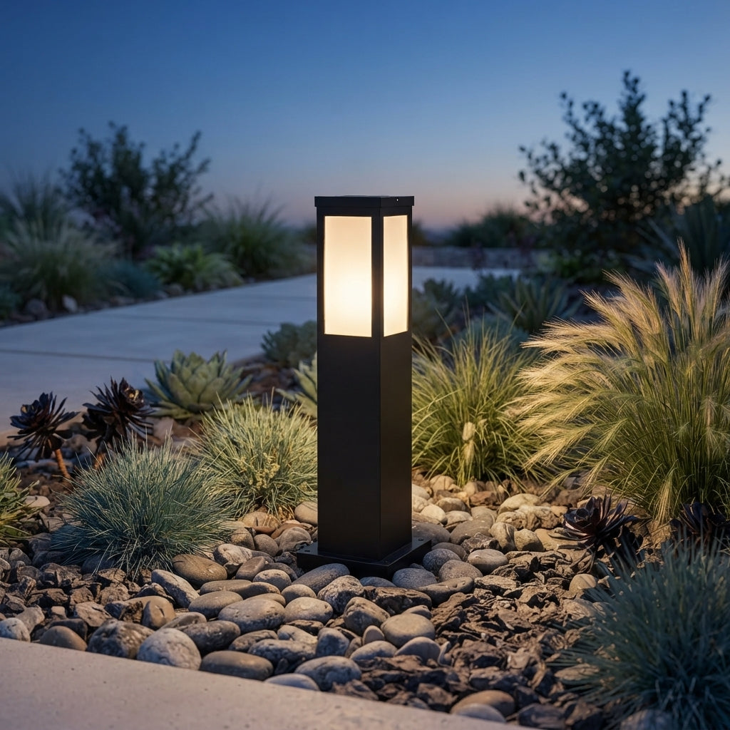 Post Square Modern Landscape Light - Black Iron and Acrylic Bollard Column in 17.7 and 23.6 Inch Heights for Industrial Courtyards