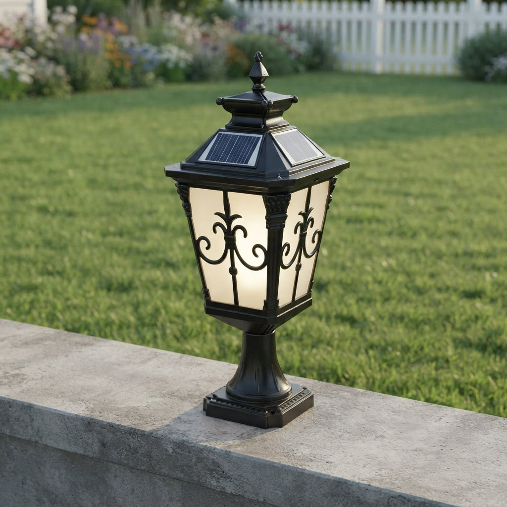 Fence Victorian Column Post Light - Die-cast Aluminum and Glass Lantern in Bronze or Black, Solar or Hardwired, for Courtyard Fences