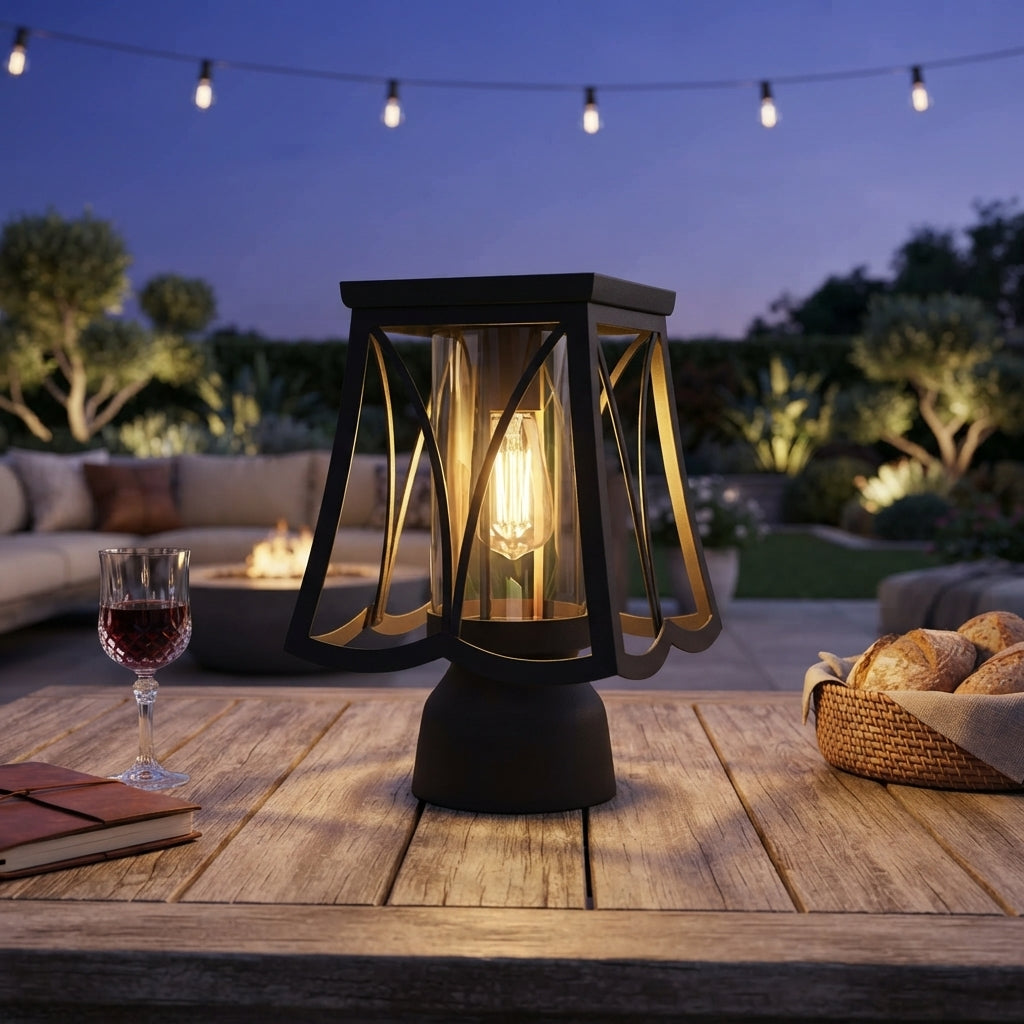 Modern Post Light - Glass and Stainless Steel Pillar Lamp in Black with a Choice of Solar or Hardwired Power for Courtyard and Patio Paths