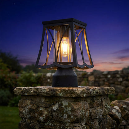 Modern Post Light - Glass and Stainless Steel Pillar Lamp in Black with a Choice of Solar or Hardwired Power for Courtyard and Patio Paths