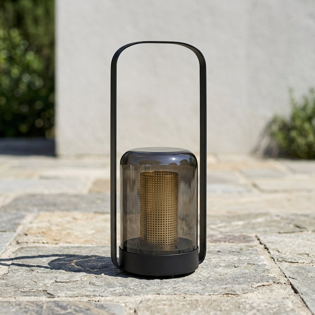 Cylinder Solar Lantern - Black Stainless Steel and Glass Tube Light with Warm Solar Glow for Bedroom, Courtyard and Patio Tabletops