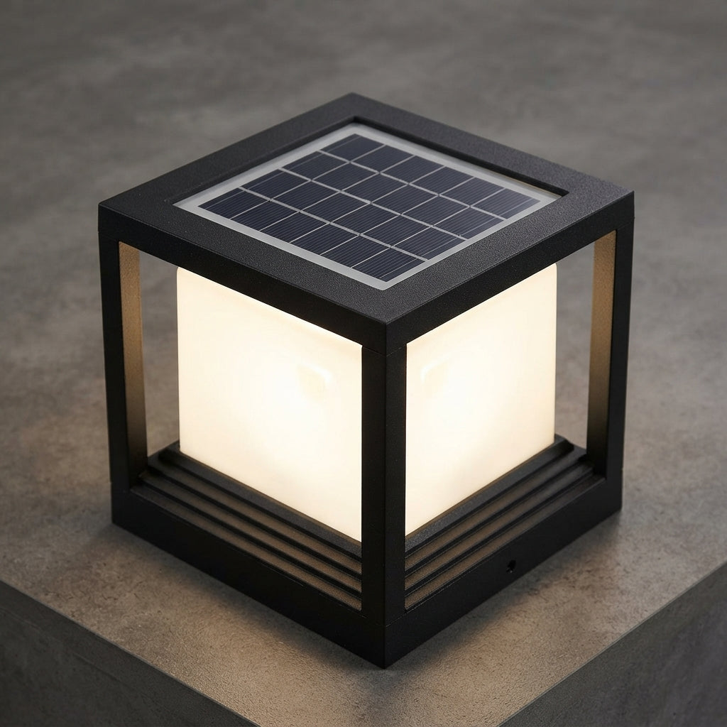 Fence Minimalist Cube Post Light - Black Aluminum and Acrylic Box in Small or Medium, Solar or Hardwired, for Deck, Garden and Patio Posts
