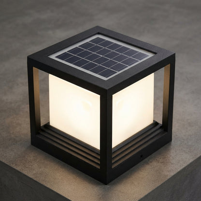 Fence Minimalist Cube Post Light - Black Aluminum and Acrylic Box in Small or Medium, Solar or Hardwired, for Deck, Garden and Patio Posts