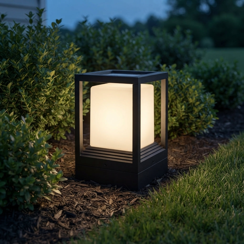 Fence Minimalist Cube Post Light - Black Aluminum and Acrylic Box in Small or Medium, Solar or Hardwired, for Deck, Garden and Patio Posts