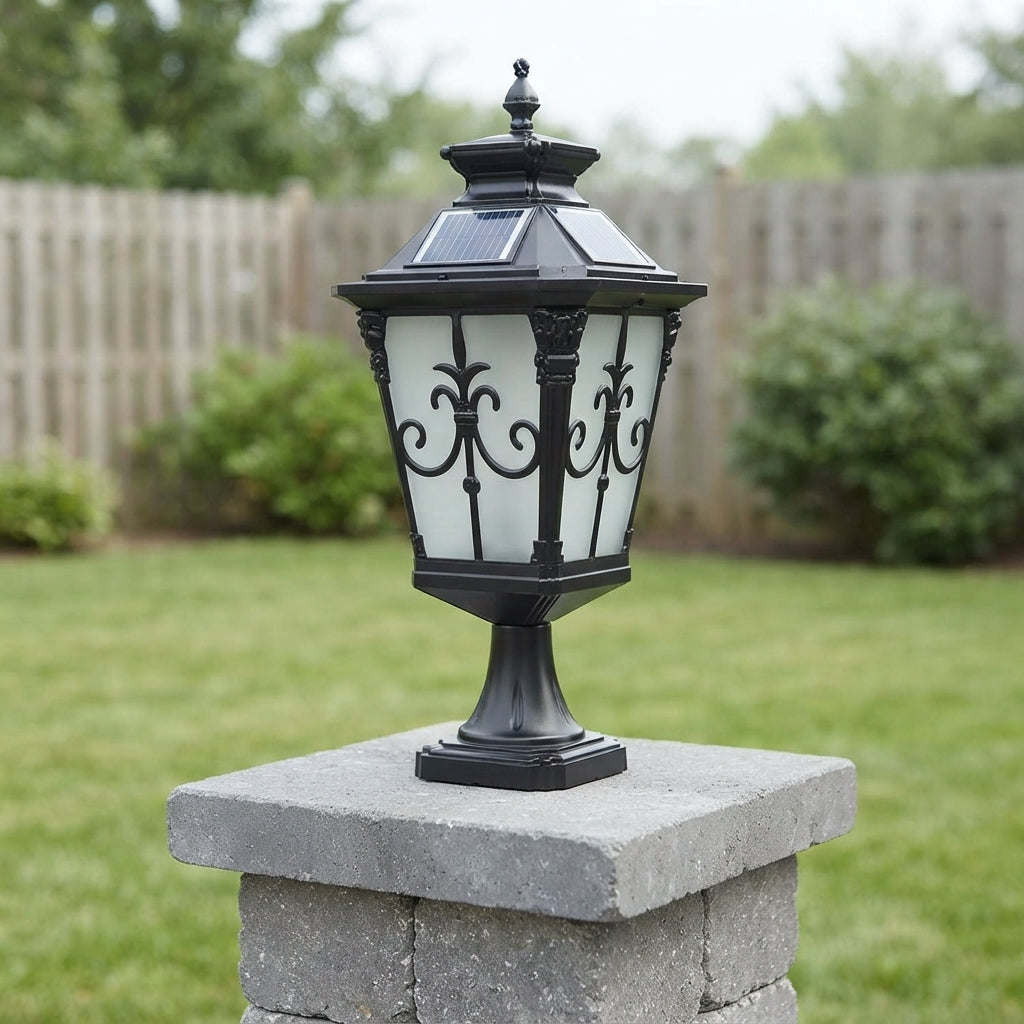 Fence Victorian Column Post Light - Die-cast Aluminum and Glass Lantern in Bronze or Black, Solar or Hardwired, for Courtyard Fences