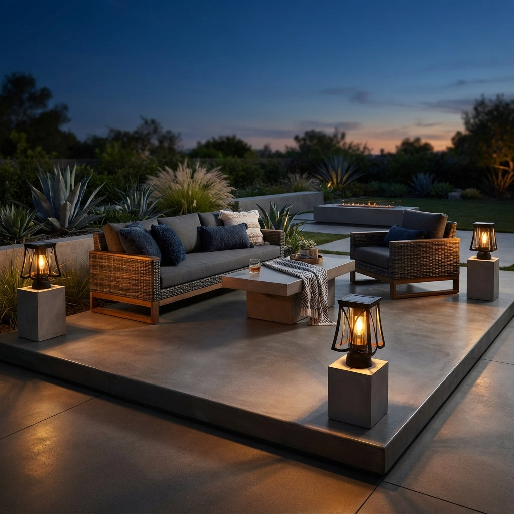Modern Post Light - Glass and Stainless Steel Pillar Lamp in Black with a Choice of Solar or Hardwired Power for Courtyard and Patio Paths