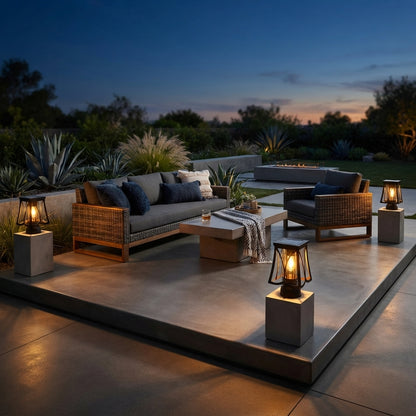 Modern Post Light - Glass and Stainless Steel Pillar Lamp in Black with a Choice of Solar or Hardwired Power for Courtyard and Patio Paths